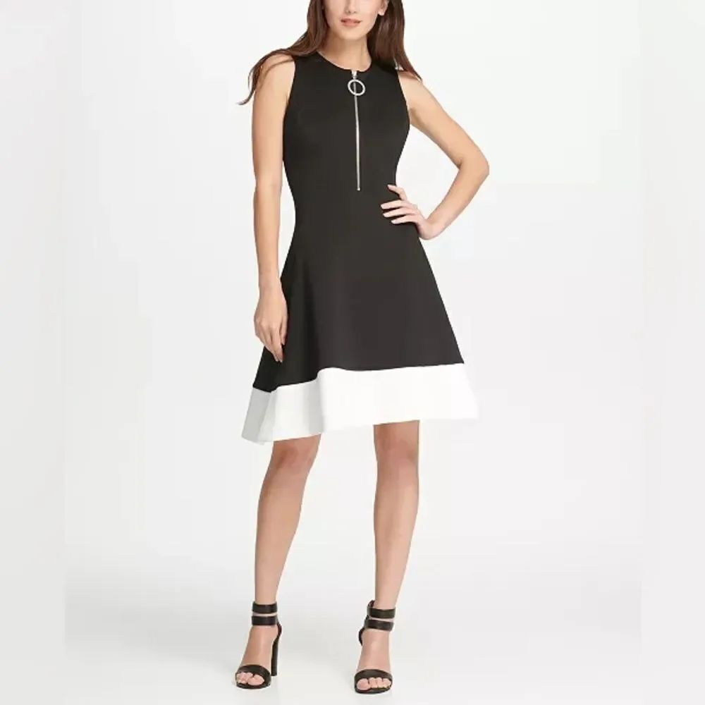 DKNY Logo Zipper Colorblock Fit & Flare Dress